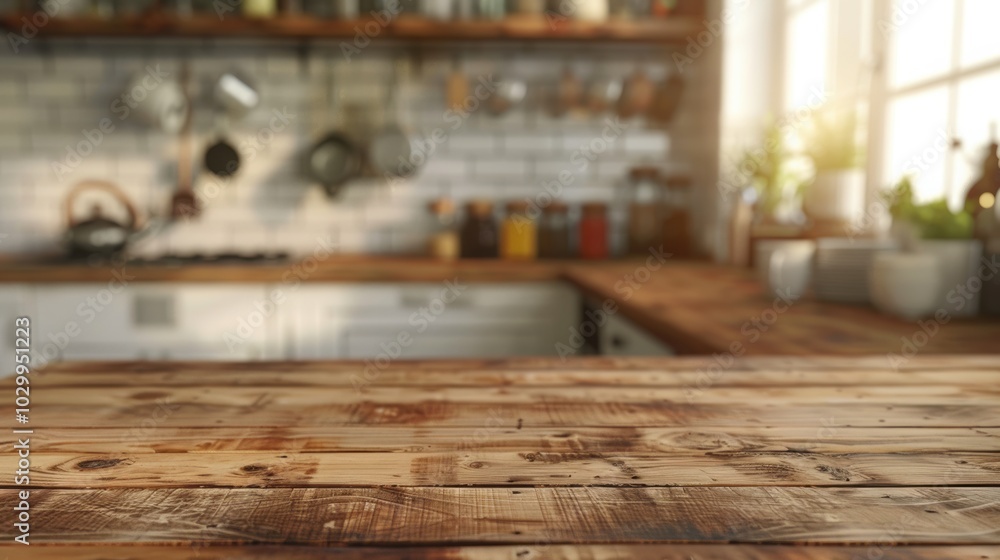 Empty Wooden Table Top with Blurred Kitchen Interior