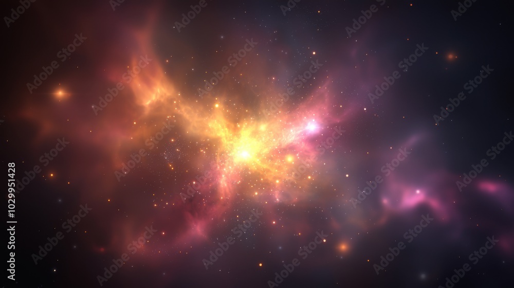 A star cluster radiating colorful light, illuminating a nearby nebula in deep space A star cluster radiating colorful light, illuminating a nearby nebula in deep space