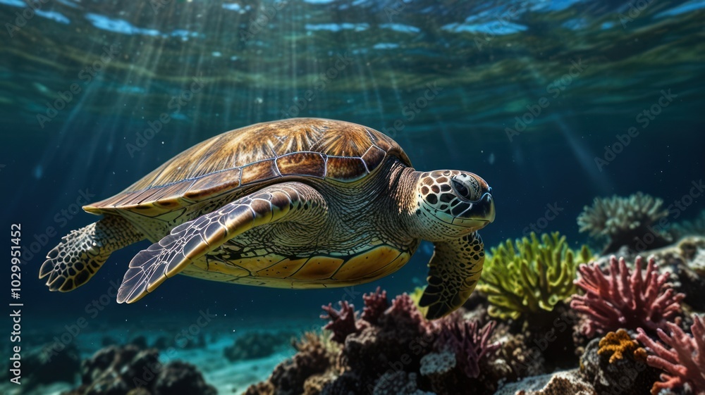 Fototapeta premium A sea turtle swims through a coral reef, with sunlight streaming down from above.