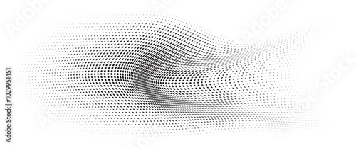 Flowing Wave Dot Halftone Pattern: Curve Gradient Shape on Transparent Background. Suitable for AI, Tech, Network, Digital, Science, and Technology Themes.