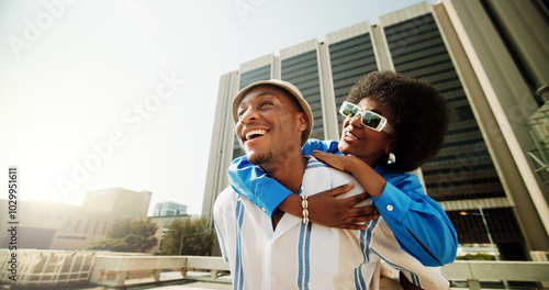 Tableau sur toile Black people, couple and happy outdoor on hug in city for love, bonding and support