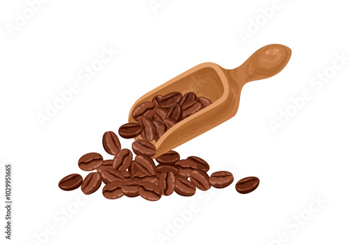 Roasted coffee beans in wooden scoop. Vector cartoon flat illustration.