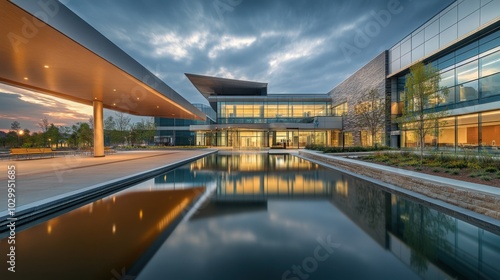 A sleek, modern hospital with a cantilevered wing over a reflecting pool.