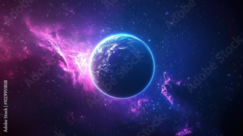 A 3D illustration of a glowing planet surrounded by vibrant nebula clouds in deep space