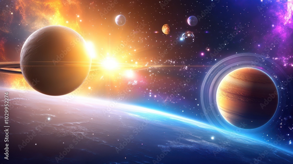 Solar system background showcasing planets in orbit, with vibrant colors and a deep space backdrop. Solar system background showcasing planets in orbit, with vibrant colors and a deep space backdrop.