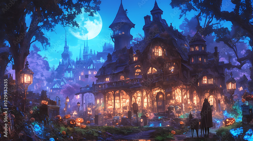 Illustration of a creepy vampire house on a moonlit night Illustration of a creepy vampire house on a moonlit night