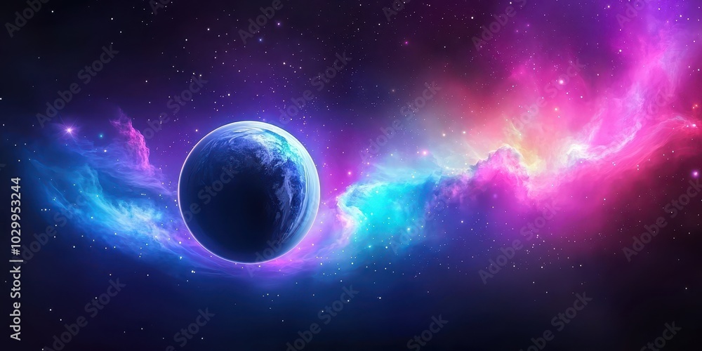 Obraz premium Vibrant galaxy background with a large planet, distant stars, and colorful nebula clouds swirling in space.