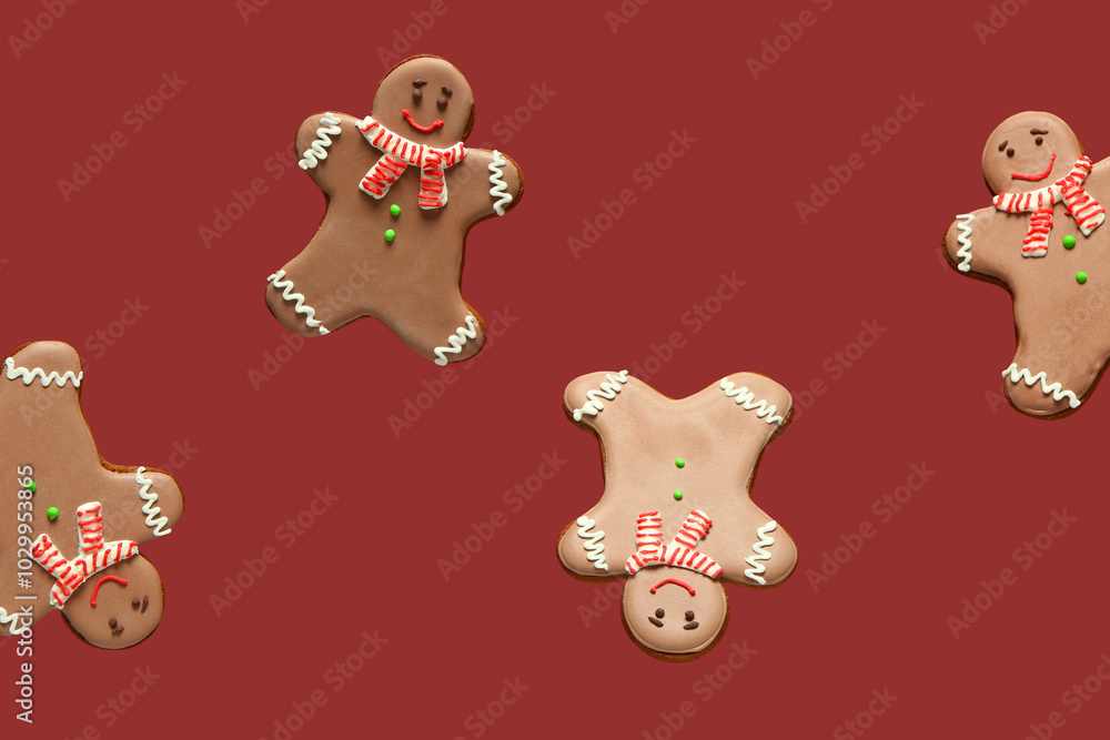 Sweet gingerbread cookies on red background. Sweet gingerbread cookies on red background.