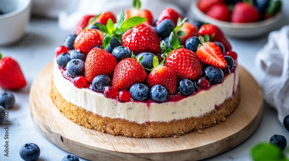 Minimalist Berry Cake with Fresh Strawberries and Blueberries on a Wooden Board, Perfect for Food Blogging or Baking Recipes Generative AI Minimalist Berry Cake with Fresh Strawberries and Blueberries on a Wooden Board, Perfect for Food Blogging or Baking Recipes Generative AI