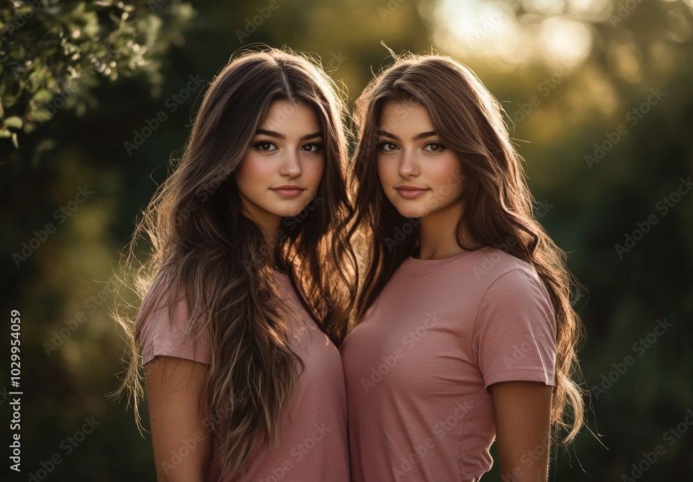 Obraz premium Two Beautiful Brunette Women Posing for the Camera with Soft Smiles Generative AI