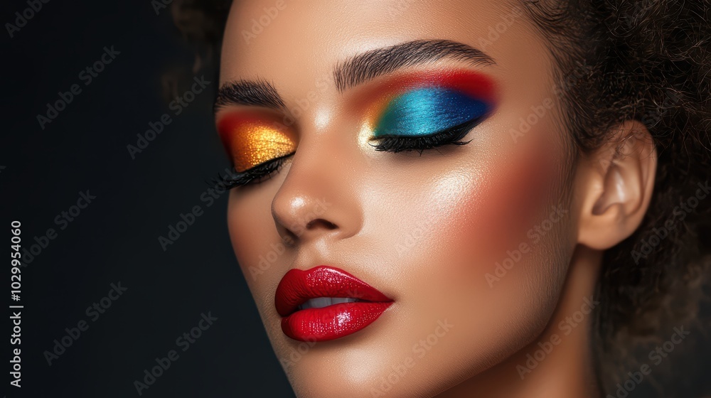Fashion and Beauty Advertising. A close-up shot of a model's makeup, showcasing vibrant eyeshadows and perfectly applied lipstick. Fashion and Beauty Advertising. A close-up shot of a model's makeup, showcasing vibrant eyeshadows and perfectly applied lipstick.