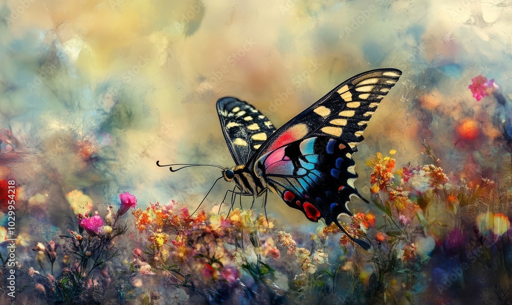 Surreal fine art photo of butterfly amid blurred flowers Surreal fine art photo of butterfly amid blurred flowers