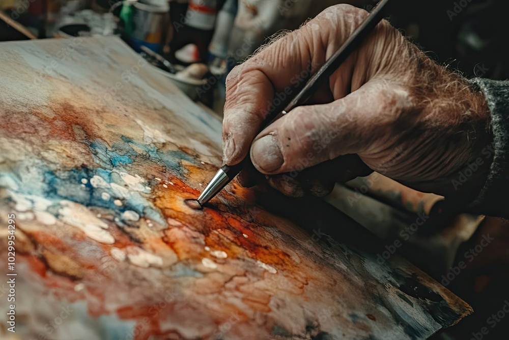 Close-up of a Hand Painting an Abstract Watercolor Landscape Close-up of a Hand Painting an Abstract Watercolor Landscape