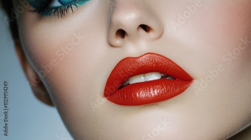 Fashion and Beauty Advertising. A close-up shot of a model's makeup, showcasing vibrant eyeshadows and perfectly applied lipstick.