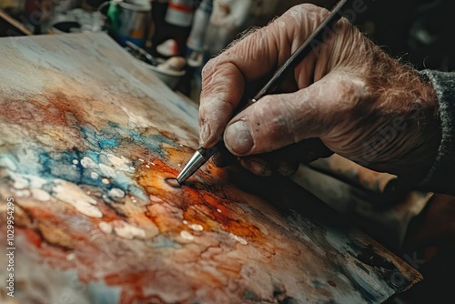 Close-up of a Hand Painting an Abstract Watercolor Landscape