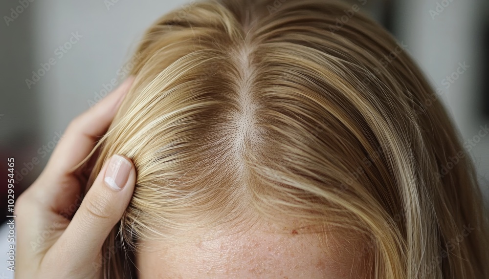 Close-up of a Woman with Thinning Hair and Balding, Holding Her Hand to Her Head, Potential Use for Hair Loss or Alopecia Awareness Generative AI Close-up of a Woman with Thinning Hair and Balding, Holding Her Hand to Her Head, Potential Use for Hair Loss or Alopecia Awareness Generative AI