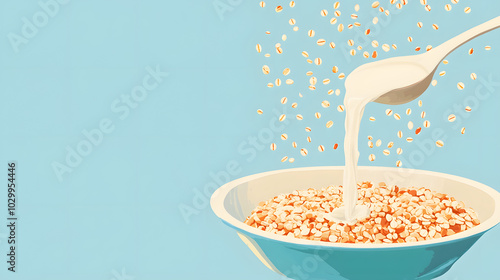 Milk is poured onto a plate of nutritious grains for breakfast.