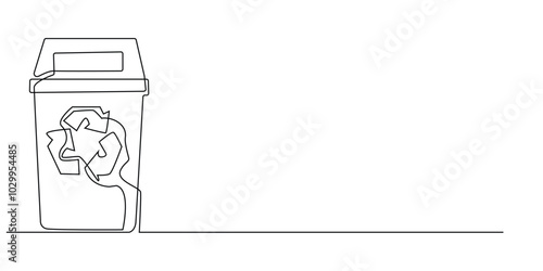 one continuous line drawing of trash can with recycling icon.one line drawing of trash can.environmental cleanliness,trash recycling.single line vector illustration.isolated white background