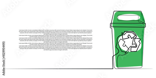line art drawing of green trash can with recycling icon.environmental cleanliness line art vector illustration