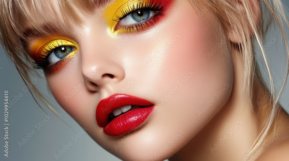 Fashion and Beauty Advertising. A close-up shot of a model's makeup, showcasing vibrant eyeshadows and perfectly applied lipstick. Fashion and Beauty Advertising. A close-up shot of a model's makeup, showcasing vibrant eyeshadows and perfectly applied lipstick.