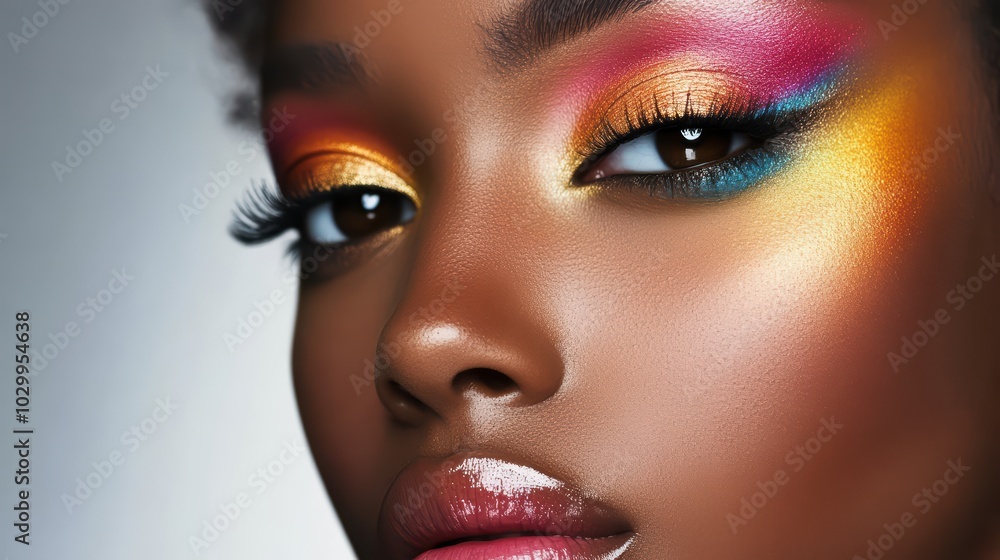 Fashion and Beauty Advertising. A close-up shot of a model's makeup, showcasing vibrant eyeshadows and perfectly applied lipstick. Fashion and Beauty Advertising. A close-up shot of a model's makeup, showcasing vibrant eyeshadows and perfectly applied lipstick.
