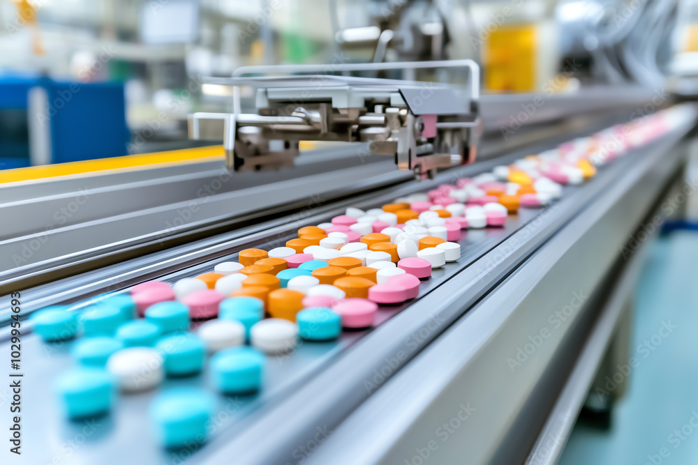 Automated pill sorter machine in pharmaceutical factory, vibrant pills on conveyor belt, precision technology, high-speed production, medical innovation Automated pill sorter machine in pharmaceutical factory, vibrant pills on conveyor belt, precision technology, high-speed production, medical innovation