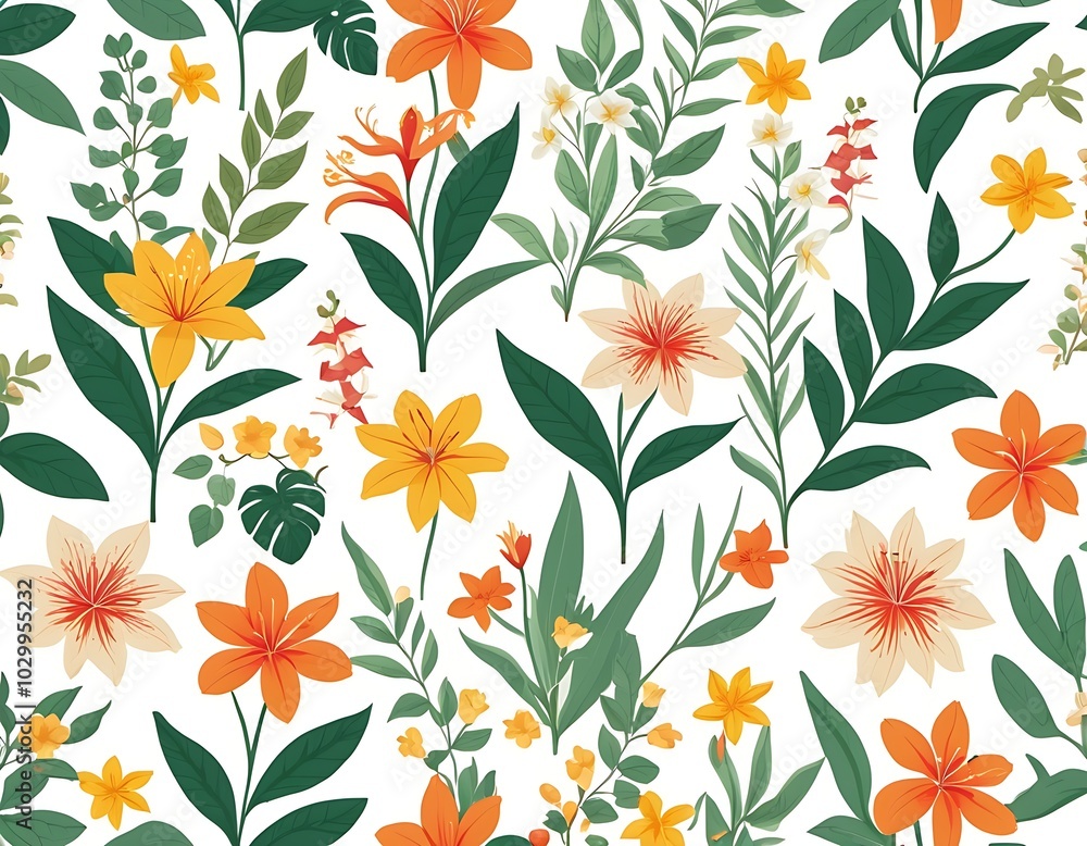 Seamless background of exotic floral , flower seamless pattern with flat style for mockup, fabric, fashion, wallpaper, textile isolated on white background Seamless background of exotic floral , flower seamless pattern with flat style for mockup, fabric, fashion, wallpaper, textile isolated on white background