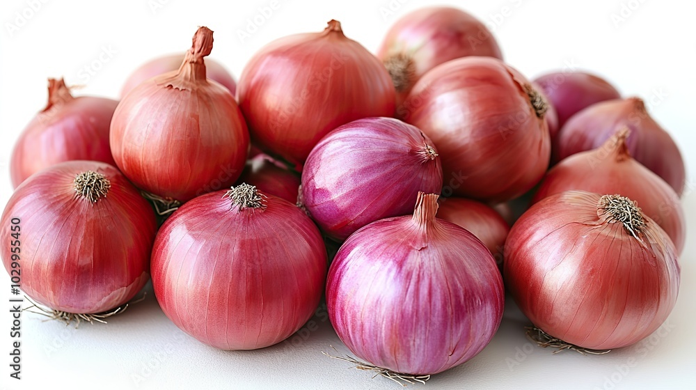 A pile of fresh onions presented as a spice vegetable on a white background. A pile of fresh onions presented as a spice vegetable on a white background.