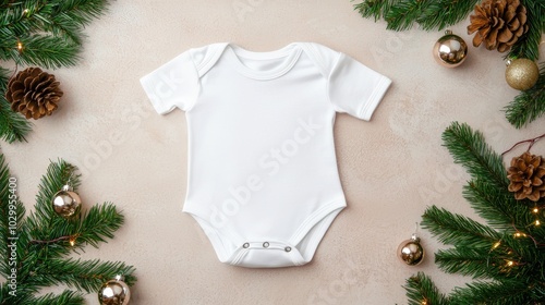 Baby onesie on a festive background with holiday decor. photo