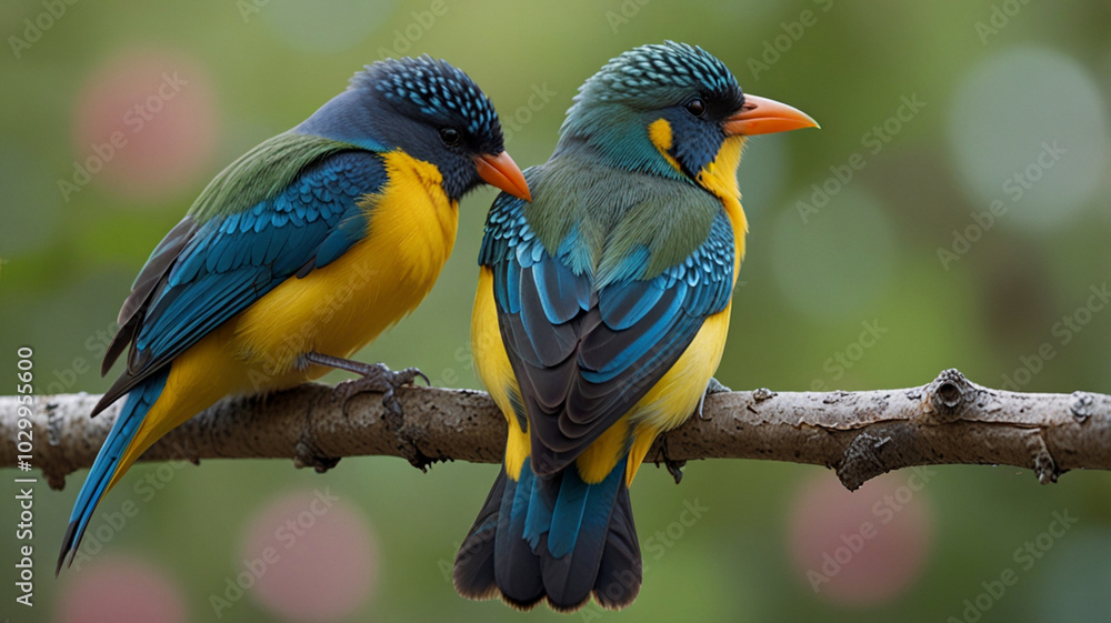 Fototapeta premium Tender birds cuddling together on a branch.