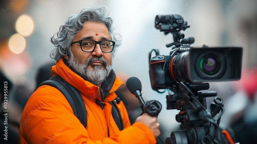 Senior indian Cameraman in Bright Orange Jacket Ready for Field Reporting in Cold Weather Senior indian Cameraman in Bright Orange Jacket Ready for Field Reporting in Cold Weather