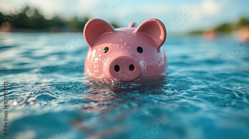 A pink piggy bank floats on sea water, depicting the risk of investment failure and economic emergency.