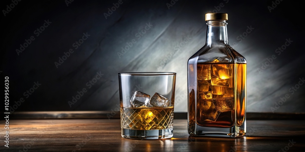 Still life with bottle, glass of whiskey, ice, cognac, and cigar silhouette Still life with bottle, glass of whiskey, ice, cognac, and cigar silhouette