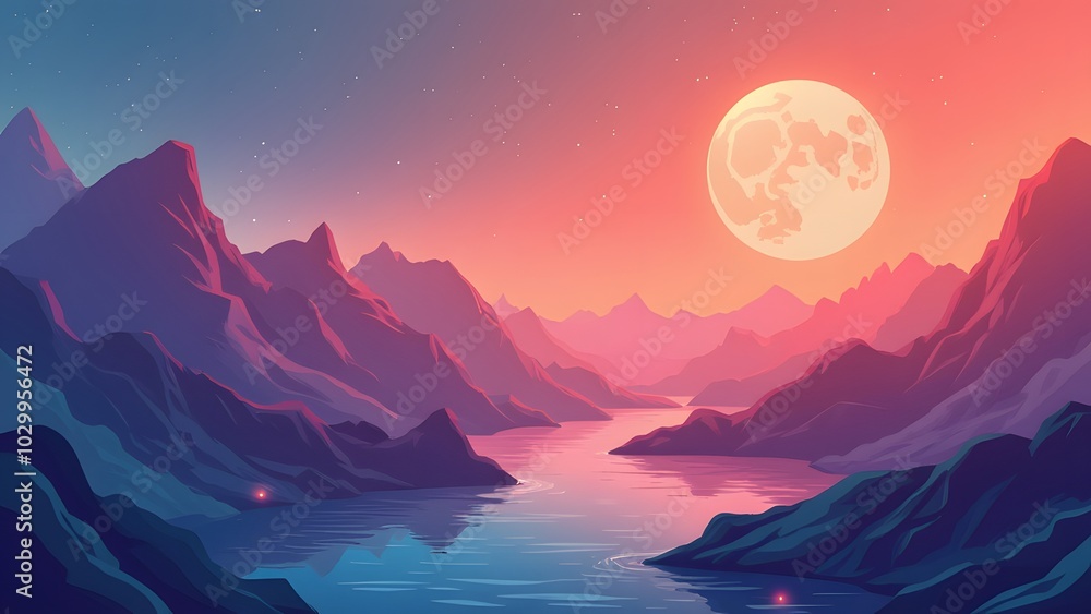 Mountain landscape at night. Vector illustration of a mountain landscape at night with a full moon Generated by AI Mountain landscape at night. Vector illustration of a mountain landscape at night with a full moon Generated by AI