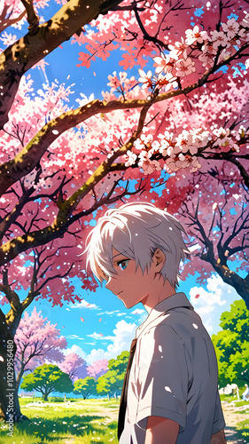 handsome anime boy in sakura road