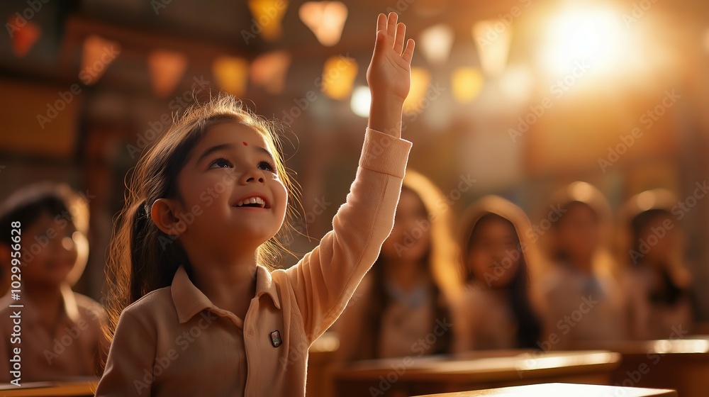 Smiling Indian School Girl Raising Hand in Classroom, Enthusiastic About Learning Smiling Indian School Girl Raising Hand in Classroom, Enthusiastic About Learning