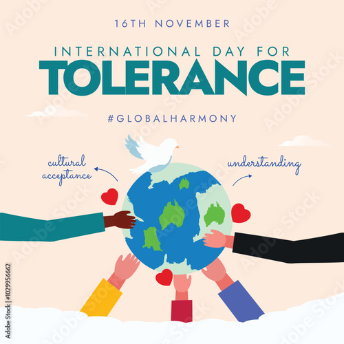 International day for Tolerance. 16 November Day for Tolerance celebration banner with hands of different people placed on earth globe. The day generate public awareness of the dangers of intolerance.