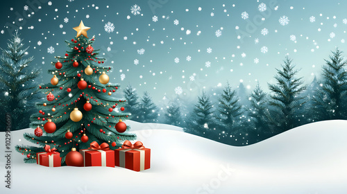 A festively decorated Christmas tree with gifts on snowy ground.