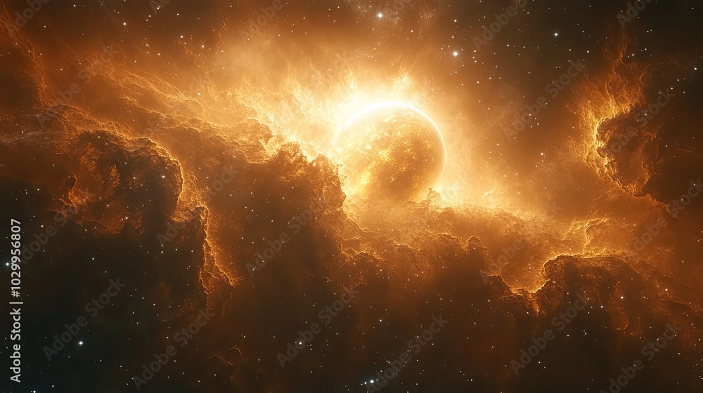 A planet appears behind star clusters and nebulas, illuminated by the distant sun. A planet appears behind star clusters and nebulas, illuminated by the distant sun.