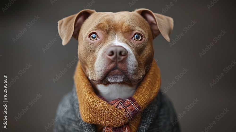 A pit bull dog poses confidently in a stylish suit with a tie. A pit bull dog poses confidently in a stylish suit with a tie.