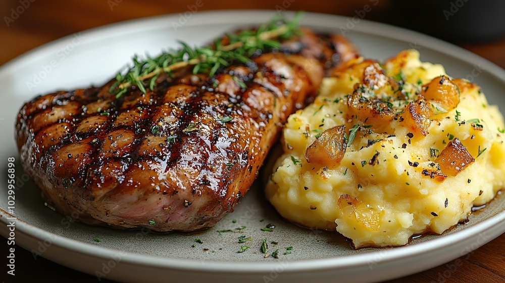 A plate featuring a delicious grilled duck leg with mashed potatoes. A plate featuring a delicious grilled duck leg with mashed potatoes.