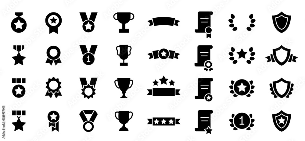 Set of awards for victory. Black icons of medals, cups, trophies, certificates, diplomas and laurel wreaths. Concept of victory, awarding, competition. Vector illustration in flat style Set of awards for victory. Black icons of medals, cups, trophies, certificates, diplomas and laurel wreaths. Concept of victory, awarding, competition. Vector illustration in flat style
