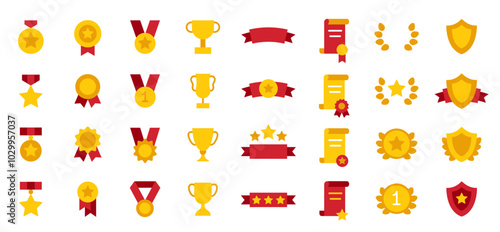 Reward icon set. Trophy icon. Set of winning award and prize icons, trophy reward, victory trophy, victory cup, winner medal. First place gold medals, gold cups and laurel wreaths with red ribbons.