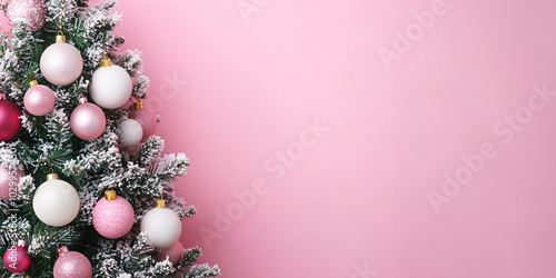 Fetsive frosted christmas tree with pink and white bauble ornaments on pink tree with copy space
