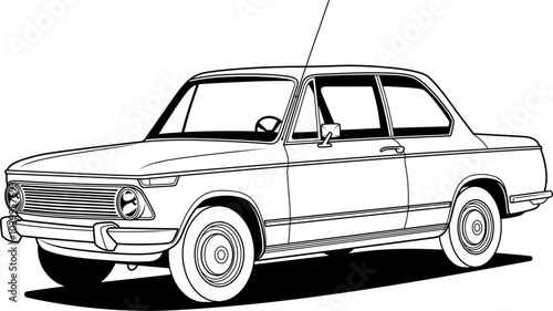 Retro Sedan: This vector image features a vintage sedan in profile, characterized by round headlights, a simple grille, and a boxy shape, capturing a nostalgic and retro aesthetic