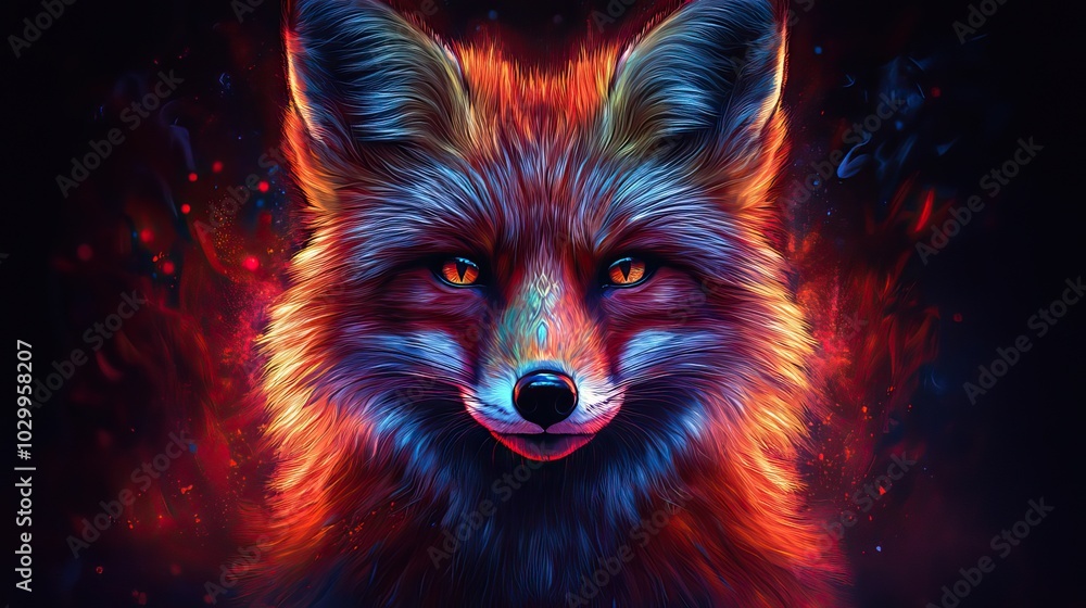 A psychedelic fox head adorned with symmetrical mandala shapes serves as a mystical emblem. A psychedelic fox head adorned with symmetrical mandala shapes serves as a mystical emblem.