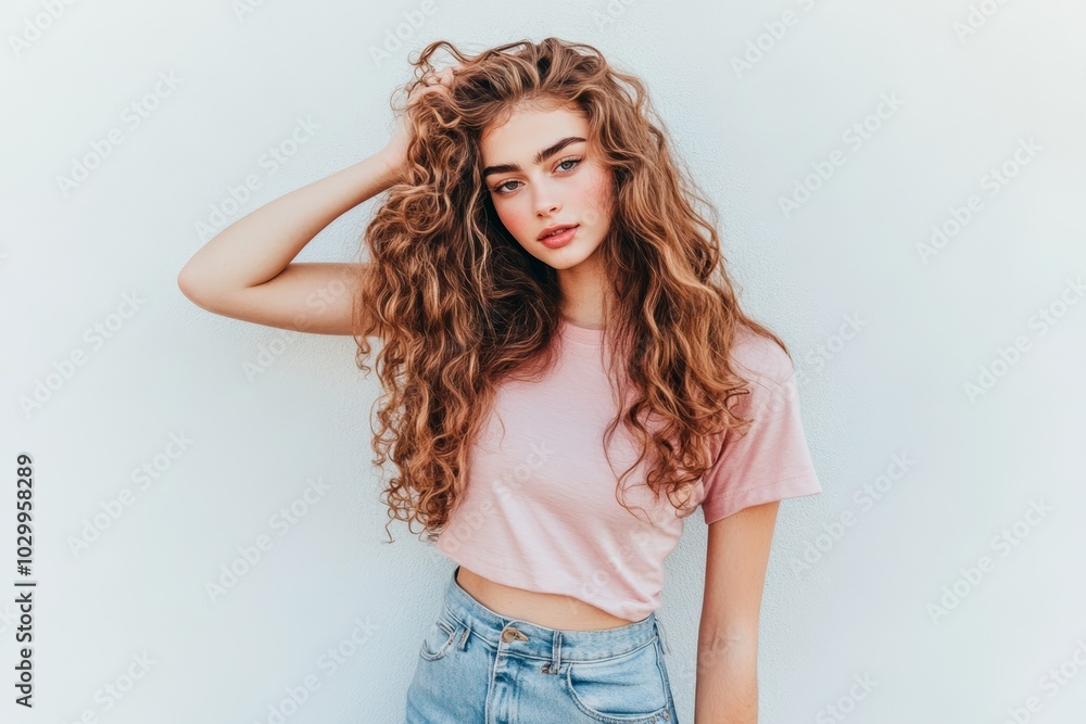 Portrait of a beautiful woman with long straight hair posing in front of a white wall, perfect for fashion or lifestyle use Generative AI Portrait of a beautiful woman with long straight hair posing in front of a white wall, perfect for fashion or lifestyle use Generative AI