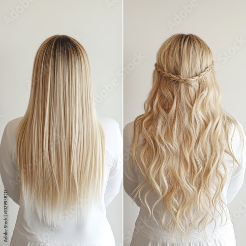 Before and After Photo of Blonde Hair with Micro Braid Extensions for Hair Salon or Beauty Treatment Generative AI photo