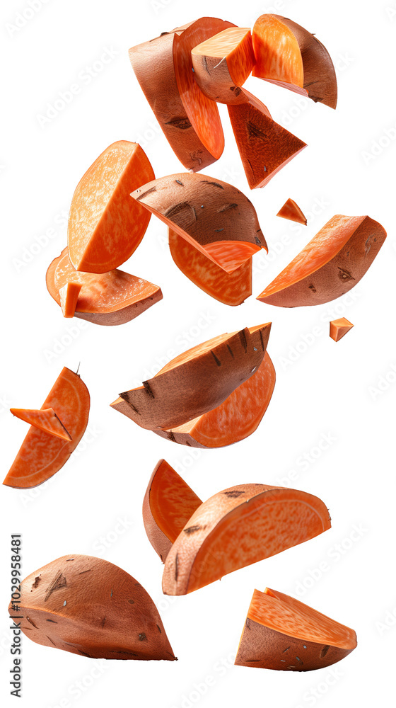 Obraz premium Sweet Potato Segments and Whole Sweet Potato Floating, Isolated on Transparent Background.