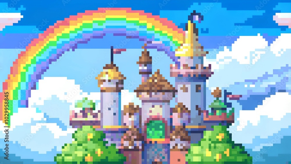 Whimsical castle with rainbows and clouds pixel art background. 8-bit game assets Whimsical castle with rainbows and clouds pixel art background. 8-bit game assets